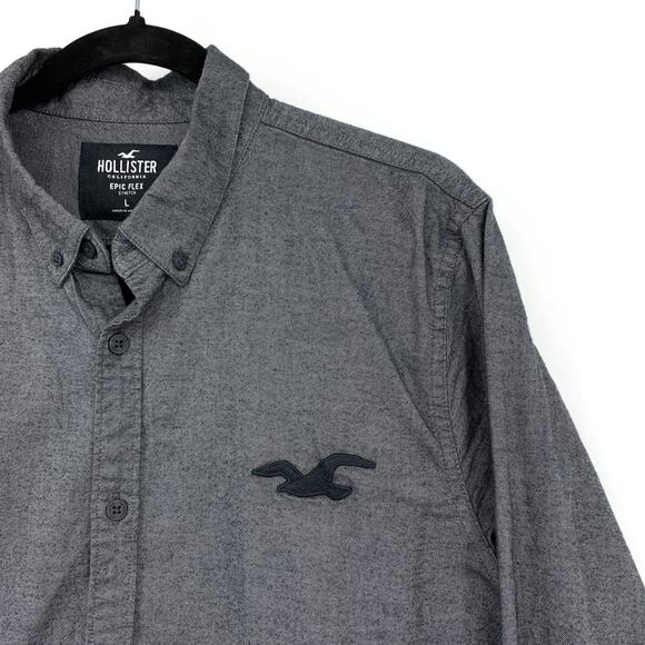 Hollister Epic Flex Stretch Button Front Long Sleeve Shirt Mens Size Large Gray - Picture 3 of 6